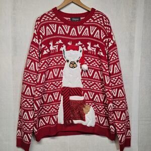 33 Degrees Ugly Christmas Sweater Mens 2XL Llama Red Knit Pocket Santa Hat
